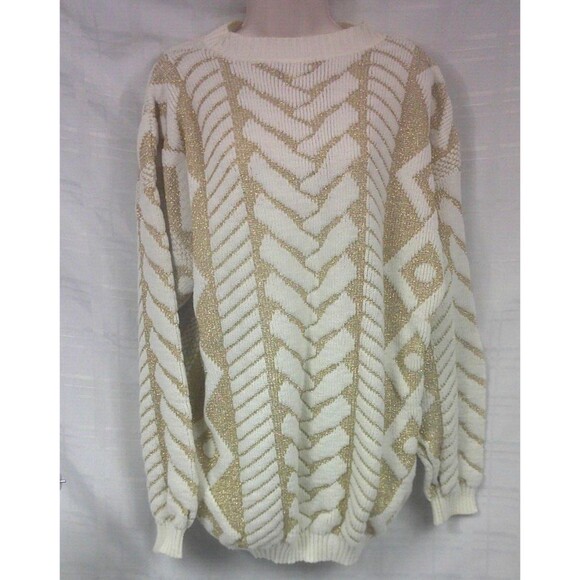 Vintage 1988 A Jane Adams White Gold Metallic Pullover Ski Sweater Women's XXL - Picture 1 of 4